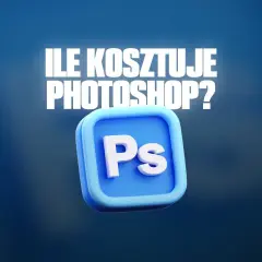Ikona Photoshopa (Ps) na niebieskim tle z napisem "Ile kosztuje Photoshop?".