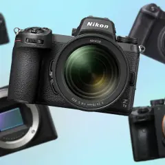 Porównanie lustrzanka vs bezlusterkowiec: Nikon Z7 II, Sony Alpha 7 III, Canon EOS R6 i inne aparaty bezlusterkowe na jasnym tle.