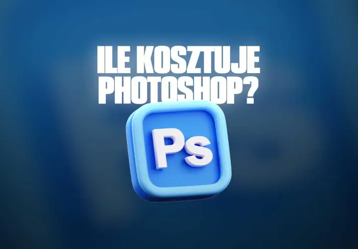 Ikona Photoshopa (Ps) na niebieskim tle z napisem "Ile kosztuje Photoshop?".