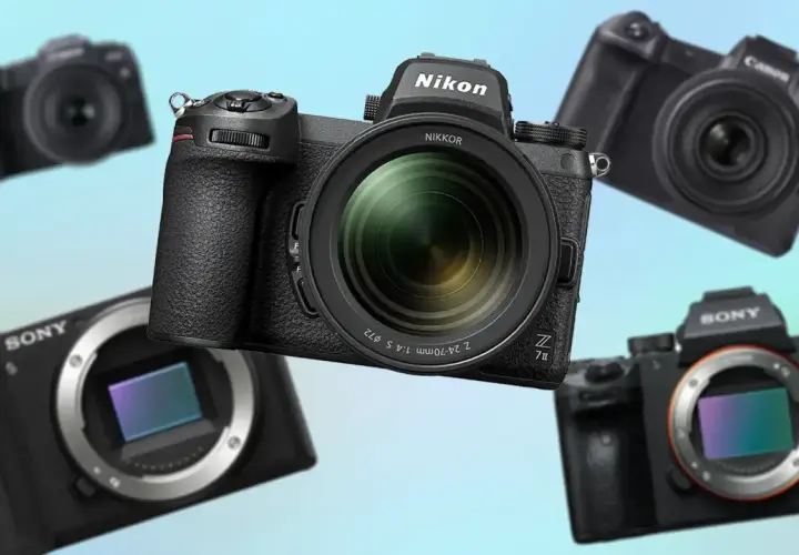 Porównanie lustrzanka vs bezlusterkowiec: Nikon Z7 II, Sony Alpha 7 III, Canon EOS R6 i inne aparaty bezlusterkowe na jasnym tle.