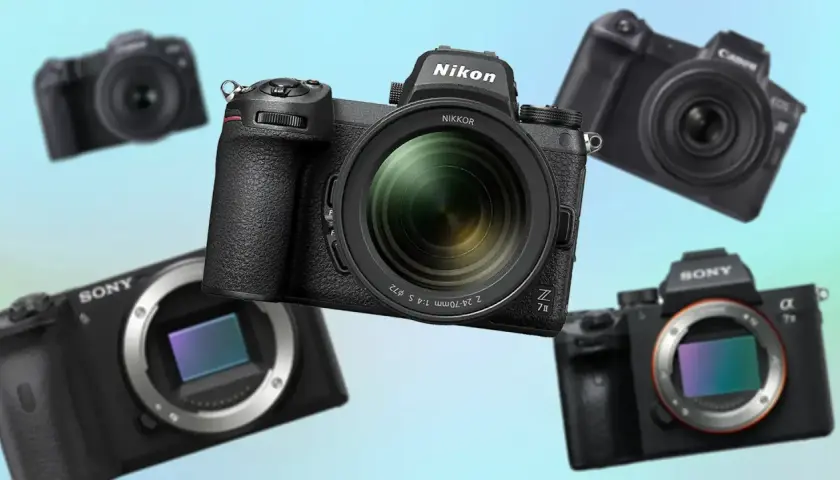 Porównanie lustrzanka vs bezlusterkowiec: Nikon Z7 II, Sony Alpha 7 III, Canon EOS R6 i inne aparaty bezlusterkowe na jasnym tle.