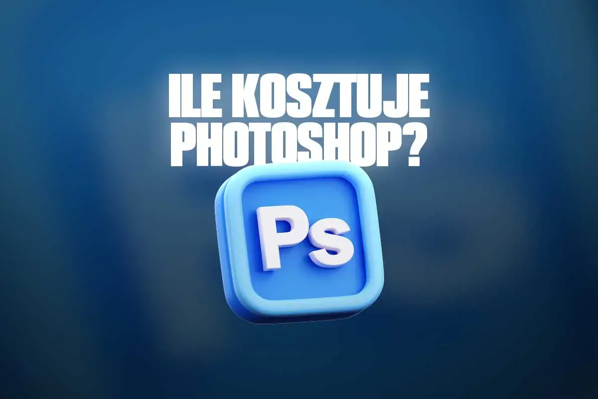 Ikona Photoshopa (Ps) na niebieskim tle z napisem "Ile kosztuje Photoshop?".