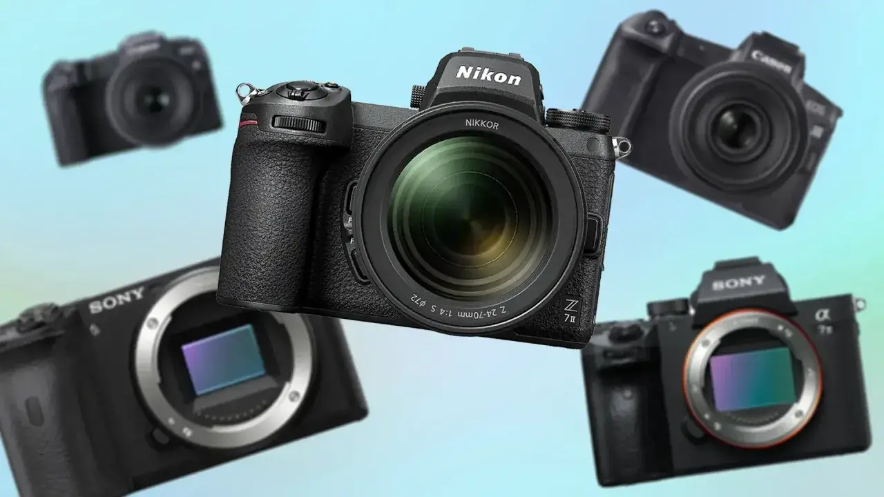 Porównanie lustrzanka vs bezlusterkowiec: Nikon Z7 II, Sony Alpha 7 III, Canon EOS R6 i inne aparaty bezlusterkowe na jasnym tle.