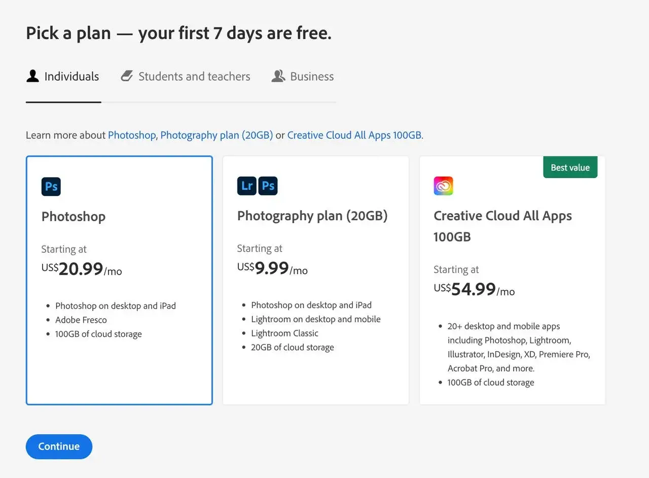 Porównanie cen planów: Photoshop kosztuje od 20,99 USD/mies., plan fotograficzny od 9,99 USD/mies., a wszystkie aplikacje od 54,99 USD/mies.