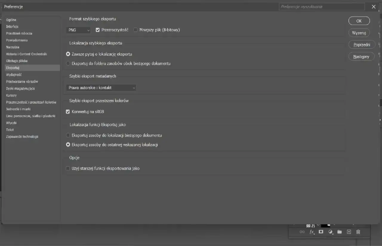 photoshop eksportuj jako opcje dialog
