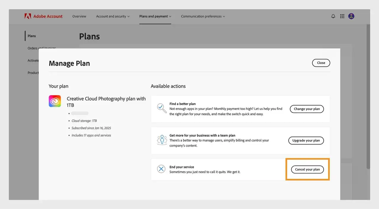 adobe account plans cancellation screenshot