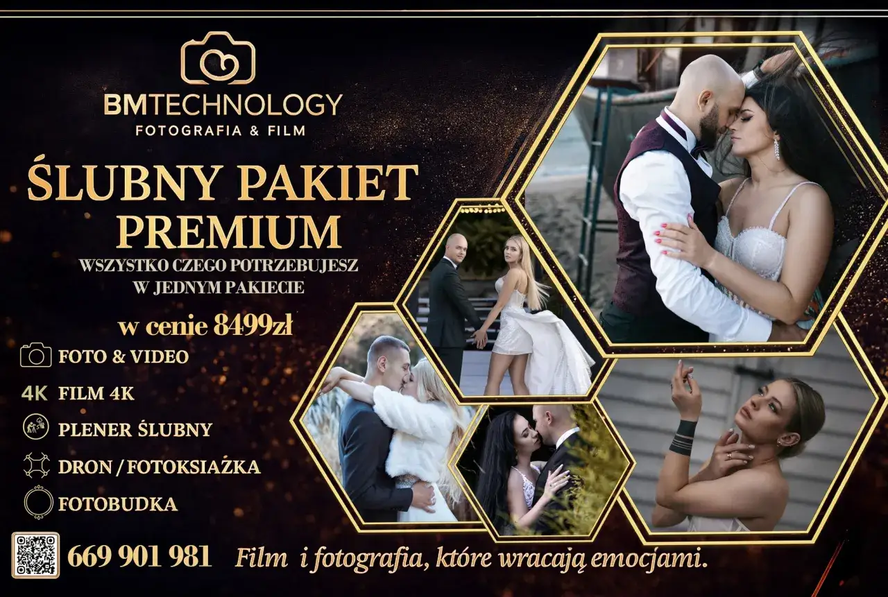 Ile kosztują zdjęcia u fotografa? Pakiet Premium BMTECHNOLOGY za 8499 zł obejmuje foto, wideo 4K, plener, dron i fotobudkę.