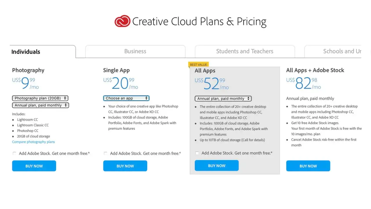 Cennik Adobe Creative Cloud: Photography za 9,99$/miesiąc, Single App za 20,99$/miesiąc, All Apps za 52,99$/miesiąc, All Apps + Adobe Stock za 82,98$/miesiąc.